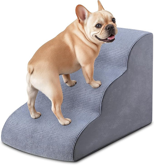 Dog Stairs for Small Dogs 15.7” H, 3-Step Pet Ramp with High-Density Foam, Non-Slip Soft Cover, Dog Steps for Bed, Couch or Sofa, Gray