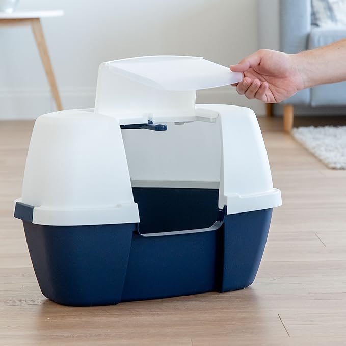 IRIS USA Corner Cat Litter Box - Enclosed Corner Litter Box with Scoop, Hooded Litter Tray for Corners, Space-Saving Covered Litter Box, Odor Defensive, Navy/White
