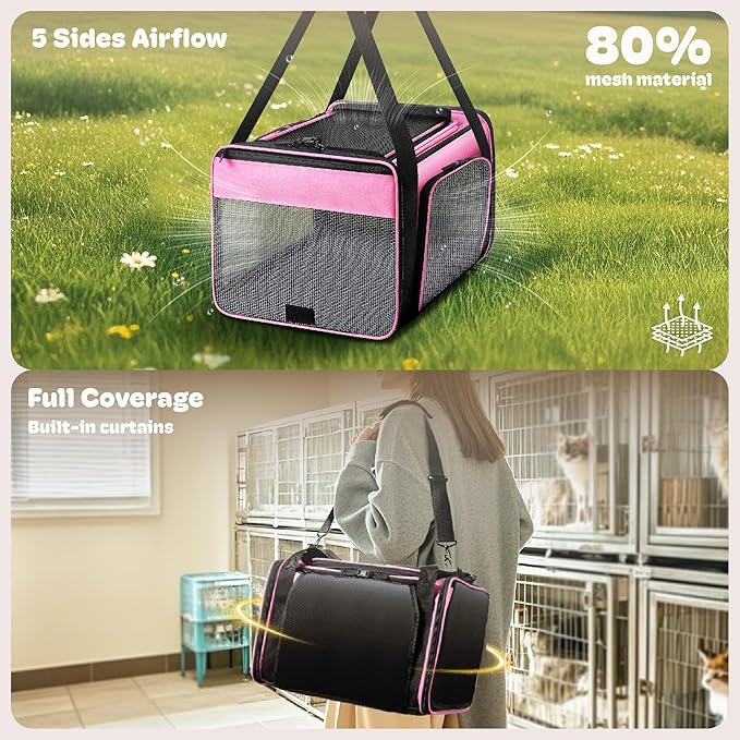 Top and 2 Sides Expandable Cat Carrier 18x11x11, TSA Airline Approved Dog Carriers for Small Dogs, Soft-Sided Pet Carrier with Self-Locking Zippers for Kitten,Rabbit, Puppy, Guinea Pig Pink