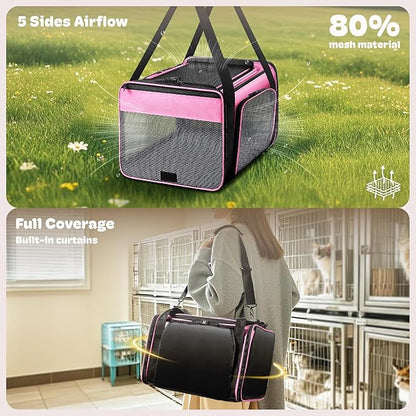 Top and 2 Sides Expandable Cat Carrier 18x11x11, TSA Airline Approved Dog Carriers for Small Dogs, Soft-Sided Pet Carrier with Self-Locking Zippers for Kitten,Rabbit, Puppy, Guinea Pig Pink