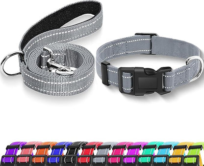 Reflective Dog Collar with Safety Locking Buckle, Adjustable Soft Breathable Nylon Collars for Small, Medium and Large Dogs(Collar+Leash M Gray)