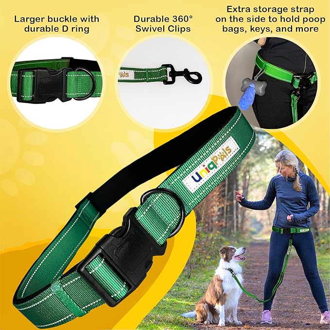 Hands-Free Leash for Small to Large Dogs 5ft - Heavy Duty Adjustable Waist Belt, Padded Handles, Reflective Stitching, Satin Carry Bag for Walking, Running, Hiking