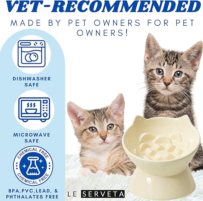Macarons Series Ceramic Slow Feeder Cat Bowl, Raised Puzzle Feeder, Anti Vomiting Cat Slow Feeding, Elevated Food Bowl, Whisker Friendly Pet Bowl with Cute Ear Design (Yellow)