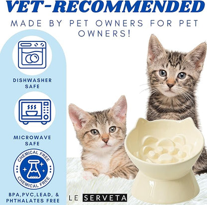 Macarons Series Ceramic Slow Feeder Cat Bowl, Raised Puzzle Feeder, Anti Vomiting Cat Slow Feeding, Elevated Food Bowl, Whisker Friendly Pet Bowl with Cute Ear Design (Yellow)
