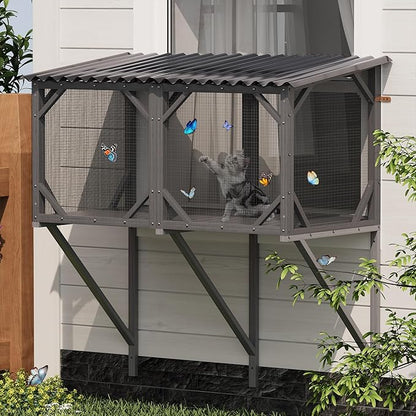 Catio Outdoor Cat Enclosure with Mosquito-Proof Net, Cat Window Perch for Sunbathing, Napping, Overlooking, Napping & Nature Viewing, Window Hammock – Safe & Serene Outdoor Enjoyment