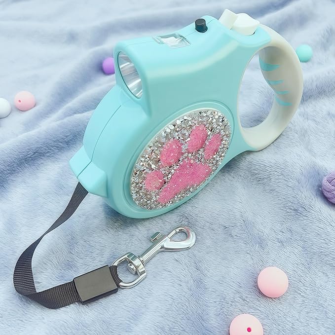 Led Retractable Dog Leash – 16ft Leash with Handcrafted Sparkle Detail Tangle-Free One-Hand Brake Soft Grip Handle for Small & Medium Dogs Up to 77lbs (DL-Lake Blue)