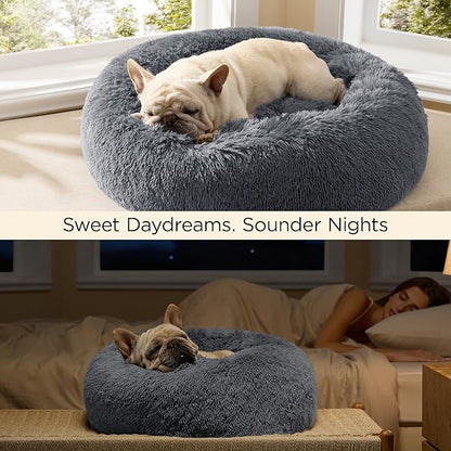 Bedsure Calming Dog Bed for Medium Dogs - Donut Washable Medium Pet Bed, 30 inches Anti-Slip Round Fluffy Plush Faux Fur Cat Bed, Fits up to 45 lbs Pets, Dark Grey