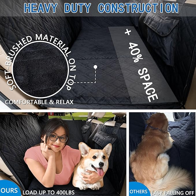 Soft-Brushed Back Seat Extender, Dog Car Seat Cover with Hard Bottom as a Hammock Bed for Pets Travel, Waterproof Nonslip Back Protector Fits for Cars & SUVs