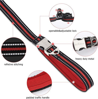 Dog Training Leash 6ft for Large Medium Dogs-2 Padded Traffic Handle Rope- Heavy Duty Shock Absorbing Bungee- Optional Hands Free for Dog Training, Walking, Jogging & Biking (Red)