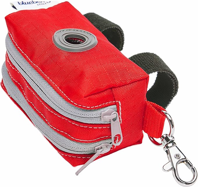 Blueberry Style Red Dog Waste Bag Dispenser, Solid Color Trash Bag Dispenser with 2 Auto Locking Zipper, Dog Poop Bag Holder Leash Attachment, Includes 1 Roll of Free Poop Bags
