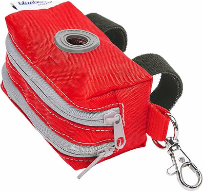 Blueberry Style Red Dog Waste Bag Dispenser, Solid Color Trash Bag Dispenser with 2 Auto Locking Zipper, Dog Poop Bag Holder Leash Attachment, Includes 1 Roll of Free Poop Bags