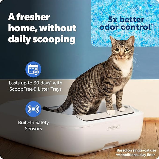 PetSafe ScoopFree Crystal Plus Automatic Self-Cleaning Cat Litter Box System – Not Enclosed – Advanced Odor Control – Includes 1 Disposable Crystal Litter Tray – White (PAL00-18016)