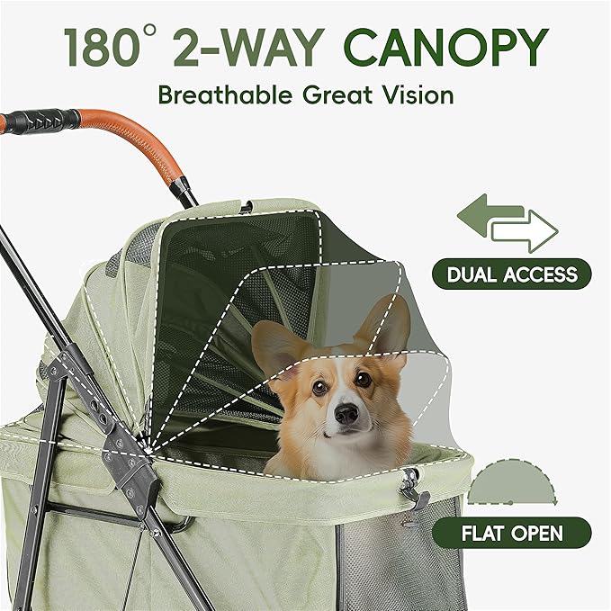 Dog Stroller for 2 Small Dogs or 1 Medium Pet, Low-Entry Design with Anti-Jump-Out, 600D Oxford Fabric, Up to 70 lbs, Green