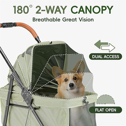 Dog Stroller for 2 Small Dogs or 1 Medium Pet, Low-Entry Design with Anti-Jump-Out, 600D Oxford Fabric, Up to 70 lbs, Green