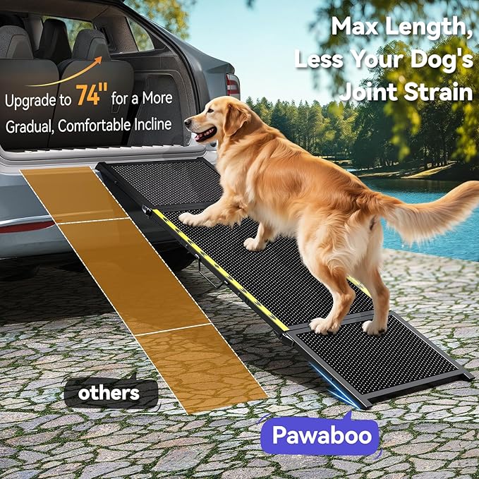 74'' L & 20'' W Longest Dog Ramp for Car - Extra Wide Portable Pet Dog Ramps for Large Dogs, Dogs Cars Ramp for Car SUV/Truck/RV/Bed, Lightweight Ramps with Non-Slip Mesh Up to 250LBS, Black