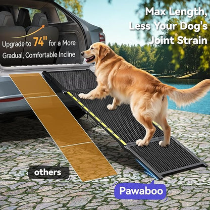 74'' L & 20'' W Longest Dog Ramp for Car - Extra Wide Portable Pet Dog Ramps for Large Dogs, Dogs Cars Ramp for Car SUV/Truck/RV/Bed, Lightweight Ramps with Non-Slip Mesh Up to 250LBS, Black