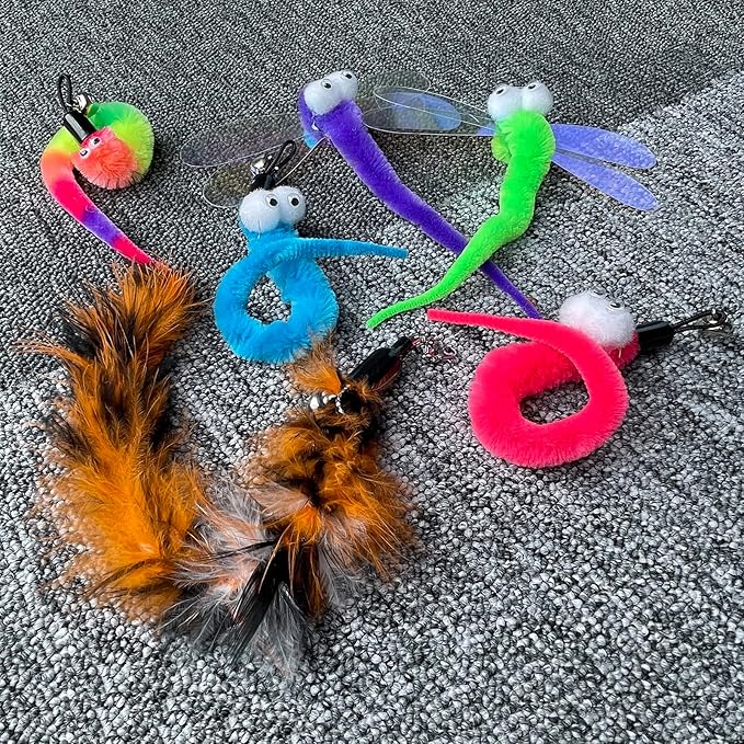 Cat Toy Wand with Pole, 9PCS Feather Refills Interactive Fishing Pole Teaser Rod Toy for Indoor Cats Kittens (9Pcs B)
