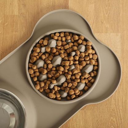 Gibson Home Curious Canines Slow Feeder Dog Bowl Set, 16” Bone Shaped Double Bowl, Silicone Base with Stainless Steel Insert, Anti-Gulp Feeding, Dishwasher Safe, Taupe