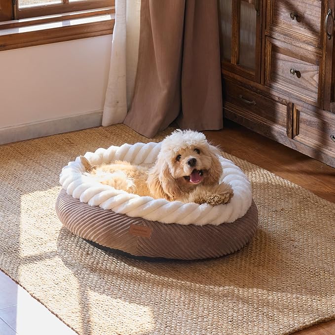 FUKUMARU Dog Bed, Calming Donut Dog Beds, Plush Faux Fur&Corduroy Cat Beds, Cute Round Washable Pet Bed for Large Cats and Small Dogs, Cat Cave with Anti-Slip Bottom, 25inch, Camel