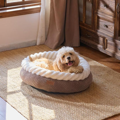 FUKUMARU Dog Bed, Calming Donut Dog Beds, Plush Faux Fur&Corduroy Cat Beds, Cute Round Washable Pet Bed for Large Cats and Small Dogs, Cat Cave with Anti-Slip Bottom, 25inch, Camel