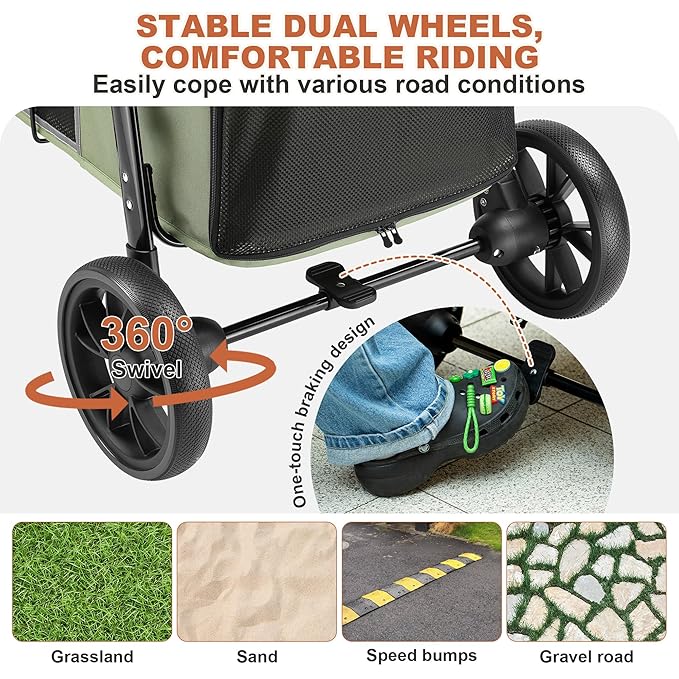 Medium Dog Stroller, Dual Entry One-Touch Folding,Small and Medium Pet Stroller,360° Rotating Front Wheels,80 lbs Weight Capacity for Outdoor Travel and Elderly Dogs - Green
