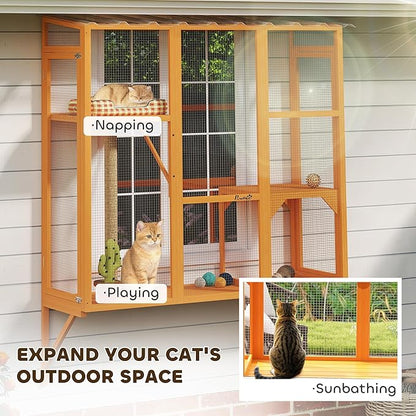 PawHut Outdoor Catio, Cat Window Catio Box Enclosure for 2-3 Large Indoor Cats with 2 Jumping Platforms, Scratching Post, for Playing, Sunbathing, Napping, Cat Window Perch for Enjoying Sights, Orange