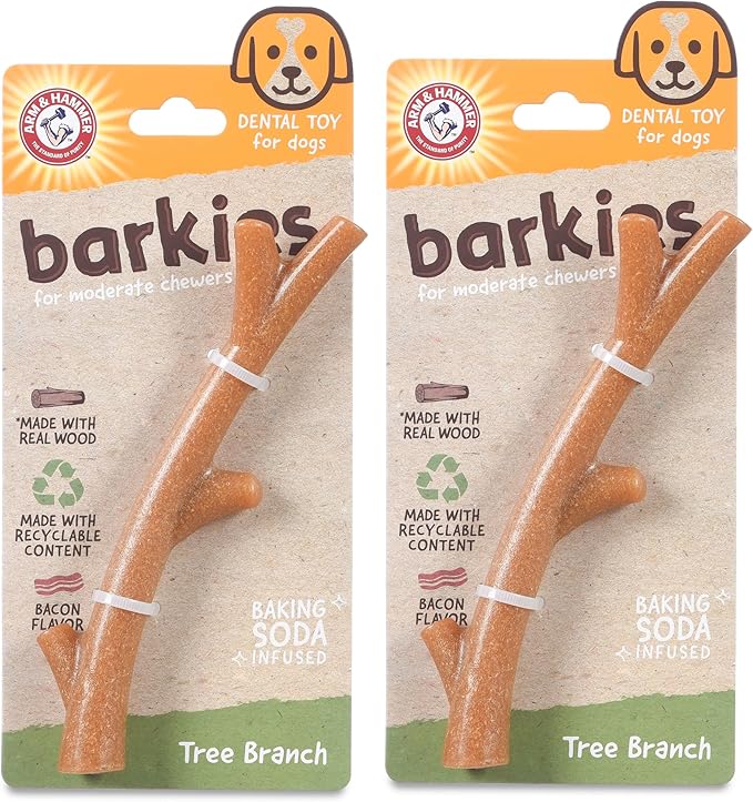 Arm & Hammer for Pets Barkies Tree Branch Compressed Wood Collection, 8 Inch Bacon Flavored Wood Blend Chew Toy for Dogs - Faux Stick, Splinter-Free, Alternative to Chewing Sticks - 2 Pack