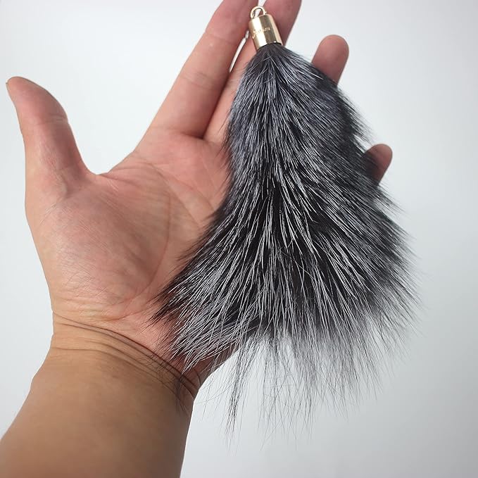 Fosrion Real Raccoon Tail Fur Cat Bites Toy with Three Section Retractable Carbon Fiber Rod (Fox Fur Piece, Tail & Fishing Rod)