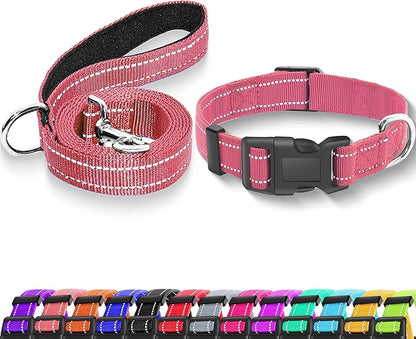Reflective Dog Collar with Safety Locking Buckle, Adjustable Soft Breathable Nylon Collars for Small, Medium and Large Dogs(Collar+Leash XS Width 3/8" Pink)