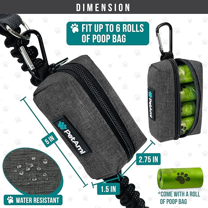 PetAmi Dog Poop Bag Holder & Waste Bag Dispenser with Clip-On Pouch Includes 1 Roll of Pet Waste Bags Portable Dog Walking Accessories for Leash, Belt or Backpack, Gray