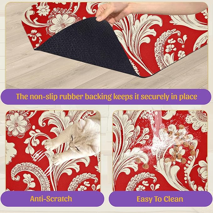 Red White Paisley Pet Food Mat, Absorbent Feeding Pad for Dogs and Cats, Waterproof Anti-Slip Base – 12x20 Inch