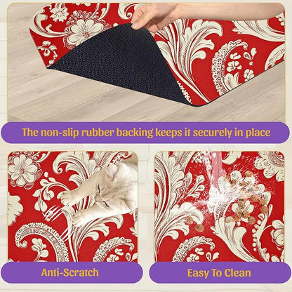 Red White Paisley Pet Food Mat, Absorbent Feeding Pad for Dogs and Cats, Waterproof Anti-Slip Base – 16x24 Inch