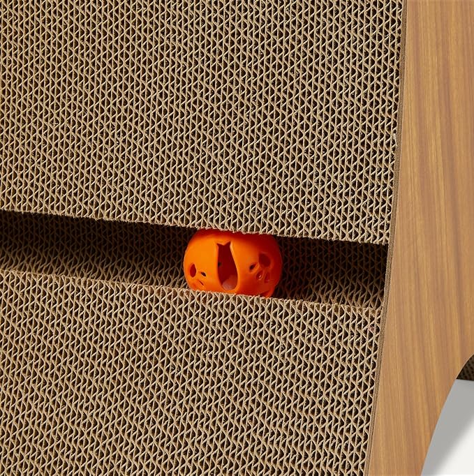 Amazon Basics Cat Scratcher Post Cat Scratcher Lounge Bed for Indoor Cats Bed Shaped Post Pad with Interactive Ball Toy & Catnip, FSC-Certified, 34.3 x 11.8 x 11.8 in, Wooden Color