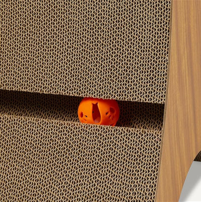 Amazon Basics Cat Scratcher Post Cat Scratcher Lounge Bed for Indoor Cats Bed Shaped Post Pad with Interactive Ball Toy & Catnip, FSC-Certified, 34.3 x 11.8 x 11.8 in, Wooden Color