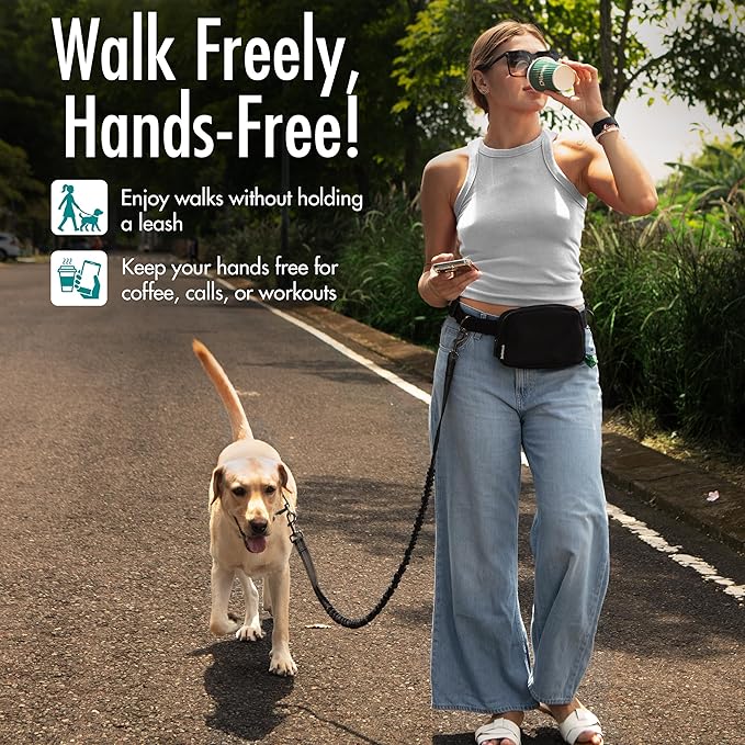 Hands Free Dog Leash with Dog Treat Pouch - Stylish & Trendy Waist Leash for Dog Walking - Wear on Waist or Crossbody - Durable & Detachable - Shock Absorbing - Waste Bag Dispenser - Walk or Run