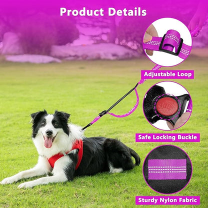 Hands Free Dog Leash with Zipper Pouch, Running Waist Leash for Dog Walking, Adjustable Waist Belt for Large Dogs, Reflective Bungee Design with Two Handle for Hiking, Training, Rose Red