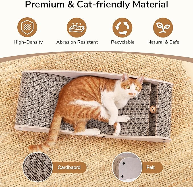 FUKUMARU Cardboard Cat Scratcher Bed, Extra Long 29.1 Inch Cat Scratch Bed Couch Indoor, Natural Felt Multifunctional Cats Scratching Lounger, Horizontal Kitten Cats Scratch Pad with Ball Toy, Camel