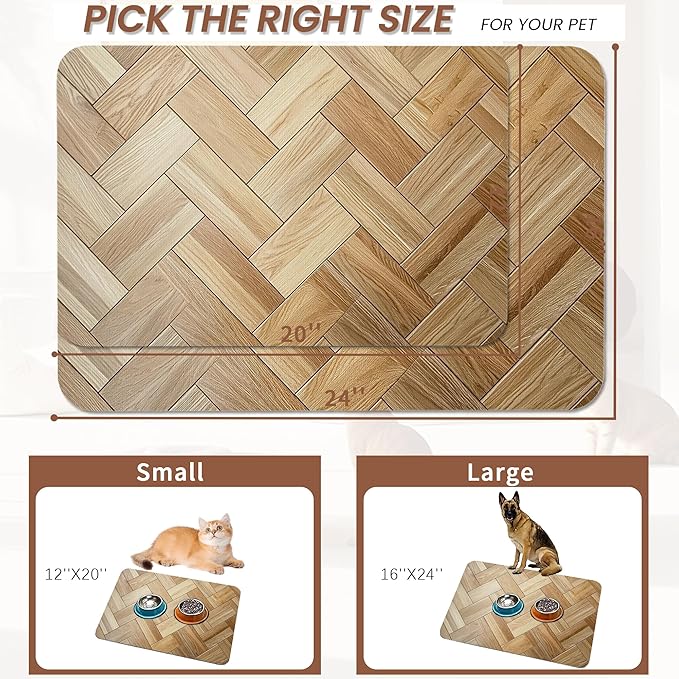 Vintage Wooden Dog Cat Food Mat,Boho Absorbent Pet Feeding Mat for Food and Water,Non-Slip Dog Bowl Mats Floor Protector 12"x20"