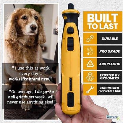 Diamondg Cordless Dog Nail Grinder with Quiet Sound & LED Tip for Large & Small Dogs, 4hrs. Runtime - Electric Dog Nail Trimmer, Heavy Duty Rotary Tool Alternative to Toenail Clippers & Filers