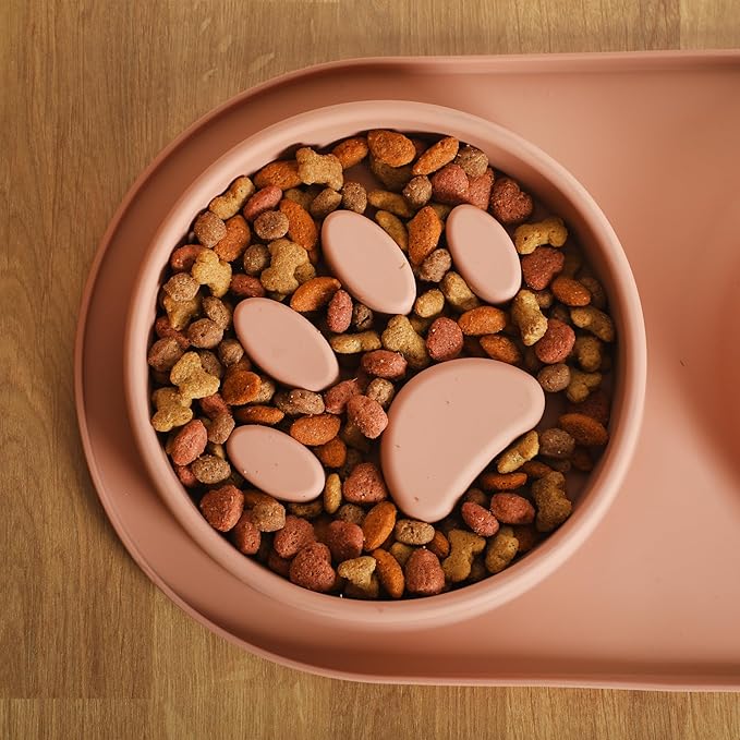 Gibson Home Curious Canines Slow Feeder Dog Bowl Set, 16” Bone Shaped Double Bowl, Silicone Base with Stainless Steel Insert, Anti-Gulp Feeding, Dishwasher Safe, Blush