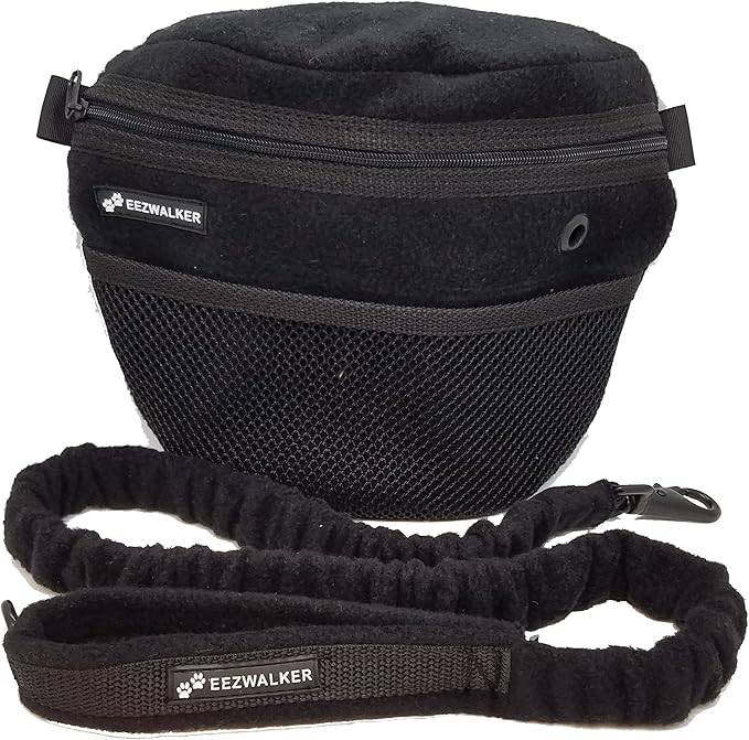 ActiveDogs Dog Handler Bag w/Bungee Leash, Water-Resistant Adjustable Treat Bag + Hands-Free 36"-52" Leash Combo - Black Fleece