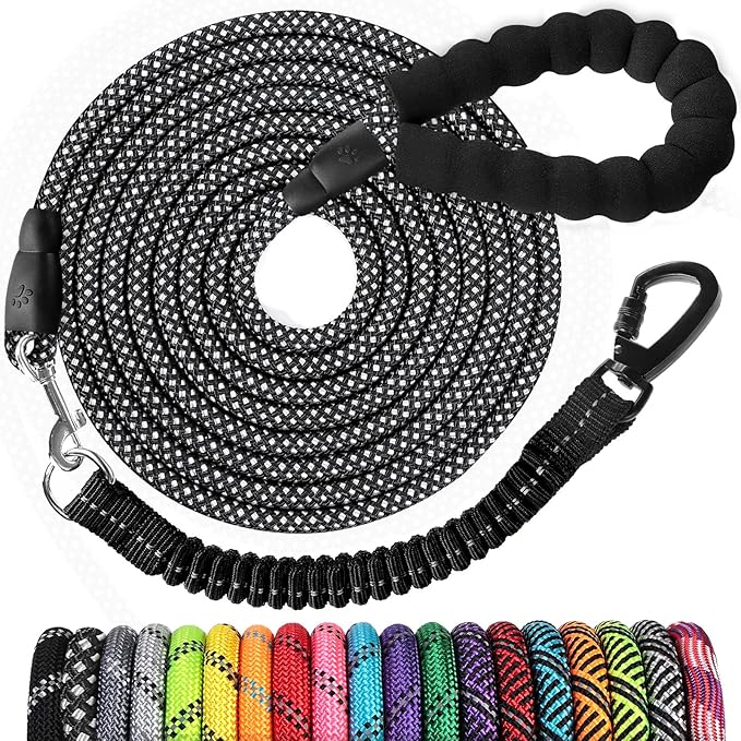jenico Long Dog Leash 15FT: Heavy Duty Rope Leashes for Dogs Training with Swivel Lockable Hook Reflective Threads Bungee and Padded Handle - Dog Lead for Large Small Medium Dogs