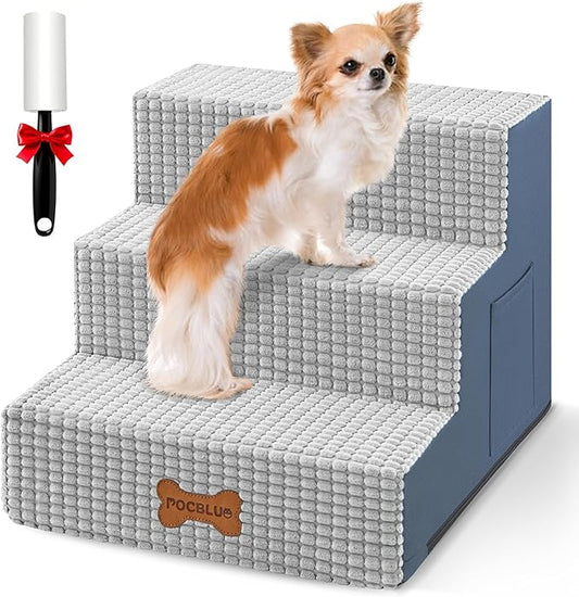 POCBLUE Dog Stairs for Small Dogs and Cats 13.3" H, 3-Step Pet Step for High Bed or Couch, Non-Slip Balanced Pet Ramp Indoor with High-Density Foam and Washable Cover, Grey