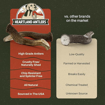 Heartland Deer Antlers for Dogs - Daily Dental Care Chews for Aggressive Chewers to Reduce Plaque & Prevent Destructive Behavior (Large, 6-8", 1-Pack, Grade A, USA Made)