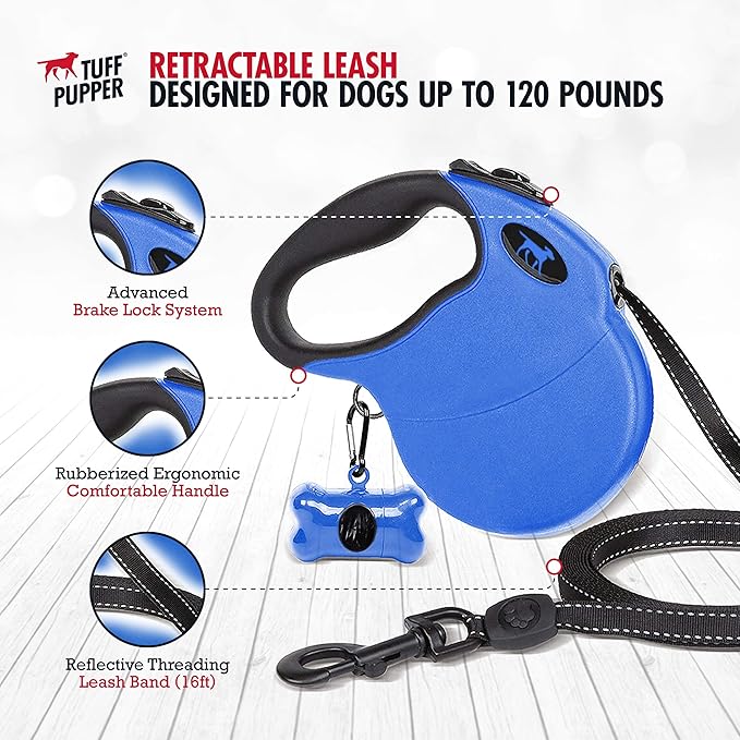 Tuff Pupper Heavy Duty Retractable Dog Leash | 16 ft Dog Leash with Reflective Stitching for Nighttime Safety | One Button Lock and Release | Comfortable Hand Grip | for Dogs Up to 120 lbs