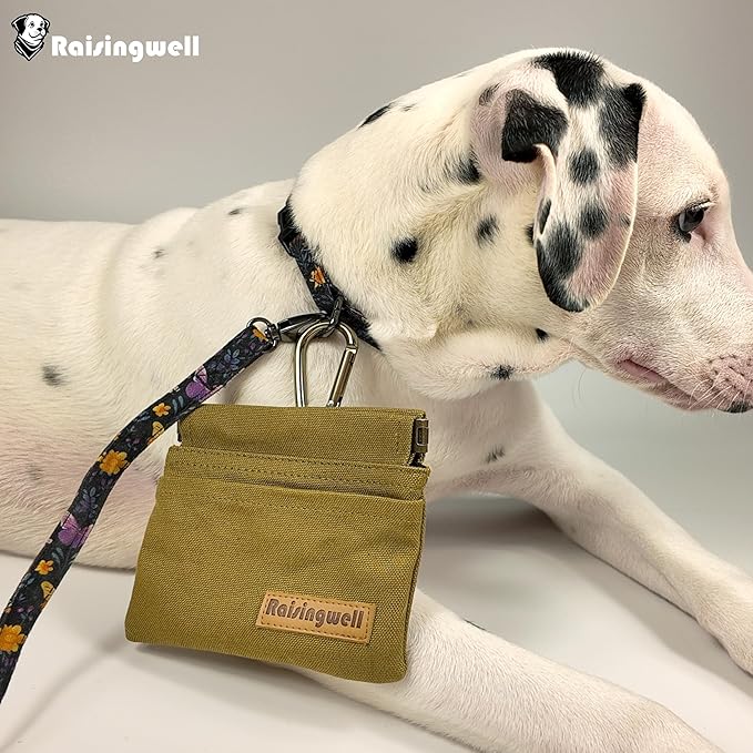 Raisingwell Dog Treat Pouch, Brown Pocket Sized Pet Training Pouch, Cotton Fabric, Hand Free Dog Walking Bag with Carabiner, Self-Closing Pet Feed Snack Reward, for Puppy Travel or Outdoor Use