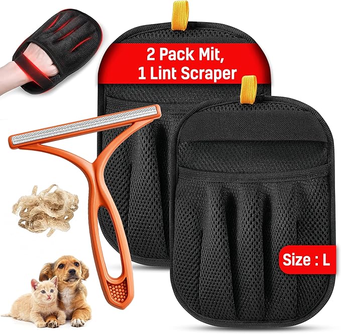 3pcs Pet Hair Removal Set for Dogs & Cats (2 Gloves + 1 Lint Scraper) – Electrostatic Five-Finger Magic Brush for Clothes, Sofa, Carpets, Bedding & Car Mats
