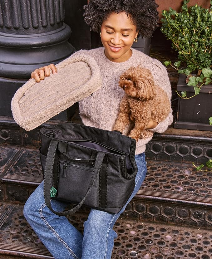 Cleverpup Transit Tote Dog Carrier for Small Dogs Under 8 lbs, 16x11x8 Soft-Sided 4-Pc Set with Waterproof Base, Plush Insert, Food Pouch, Mesh Head Opening - Small, Graphite Graphite