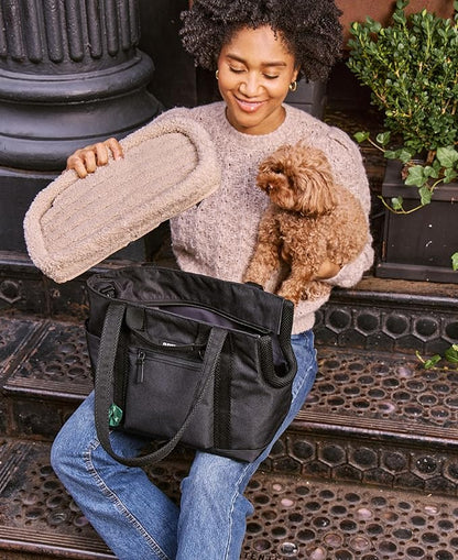 Cleverpup Transit Tote Dog Carrier for Small Dogs Under 8 lbs, 16x11x8 Soft-Sided 4-Pc Set with Waterproof Base, Plush Insert, Food Pouch, Mesh Head Opening - Small, Graphite Graphite