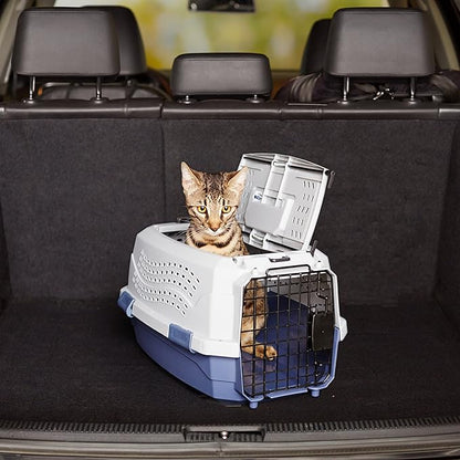Amazon Basics 2-Door Top-Load Hard-Sided Pet Travel Carrier for Cats and Small Dogs, 19" L x 12.6" W x 10" H, Gray & Blue
